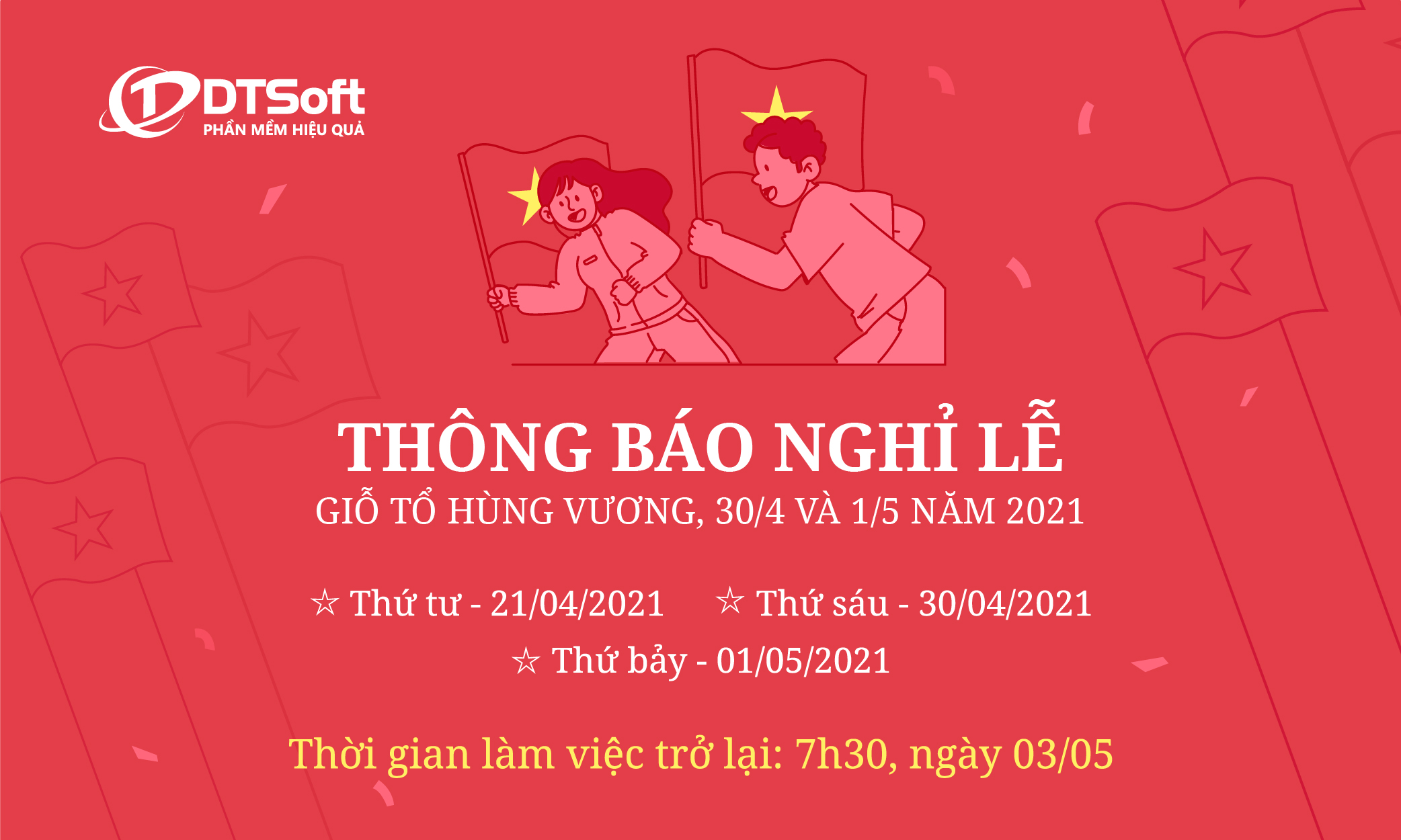 Thông báo nghỉ lễ Giỗ Tổ Hùng Vương, 30/4 và 1/5 năm 2021